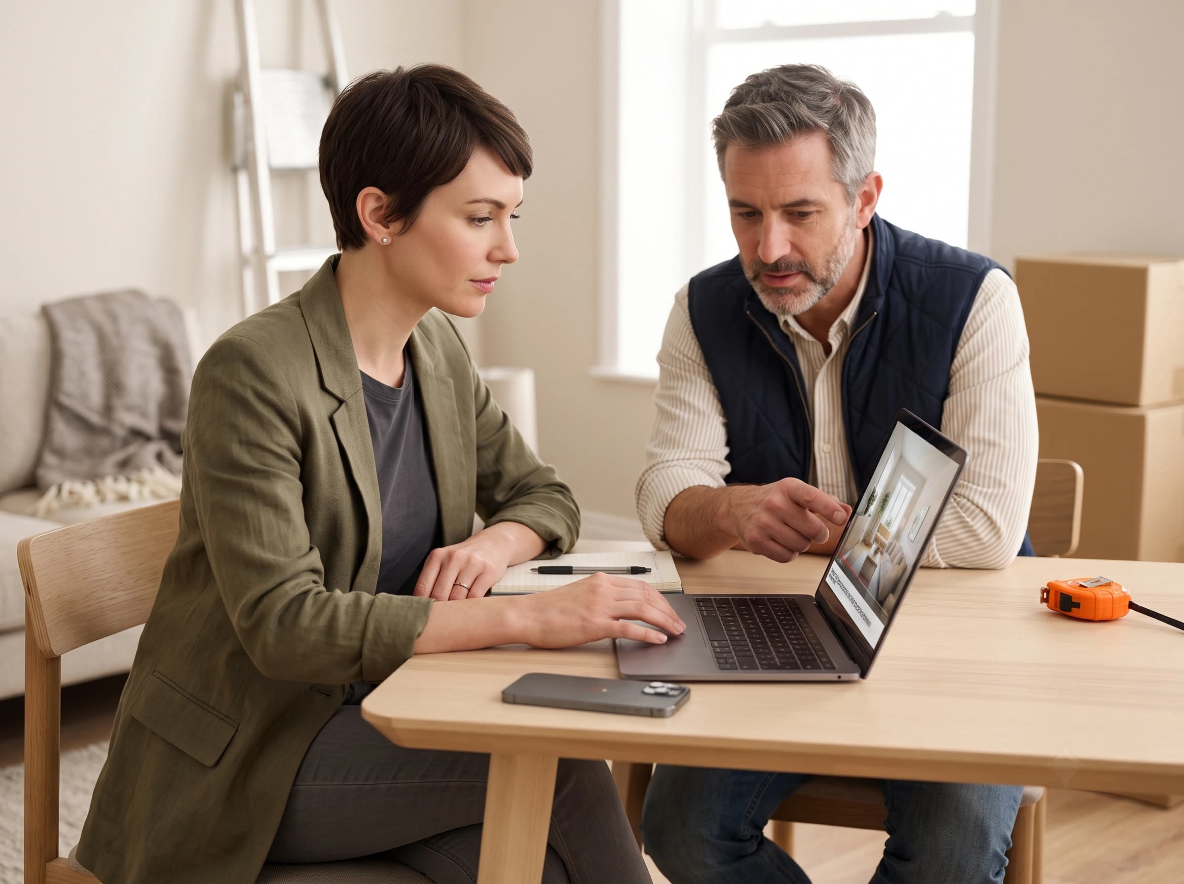 An agent and a stager reviewing a property tour draft on a laptop