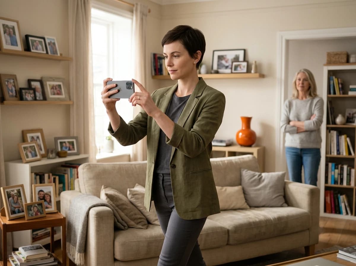 An agent recording a walkthrough of a lived-in home on their phone