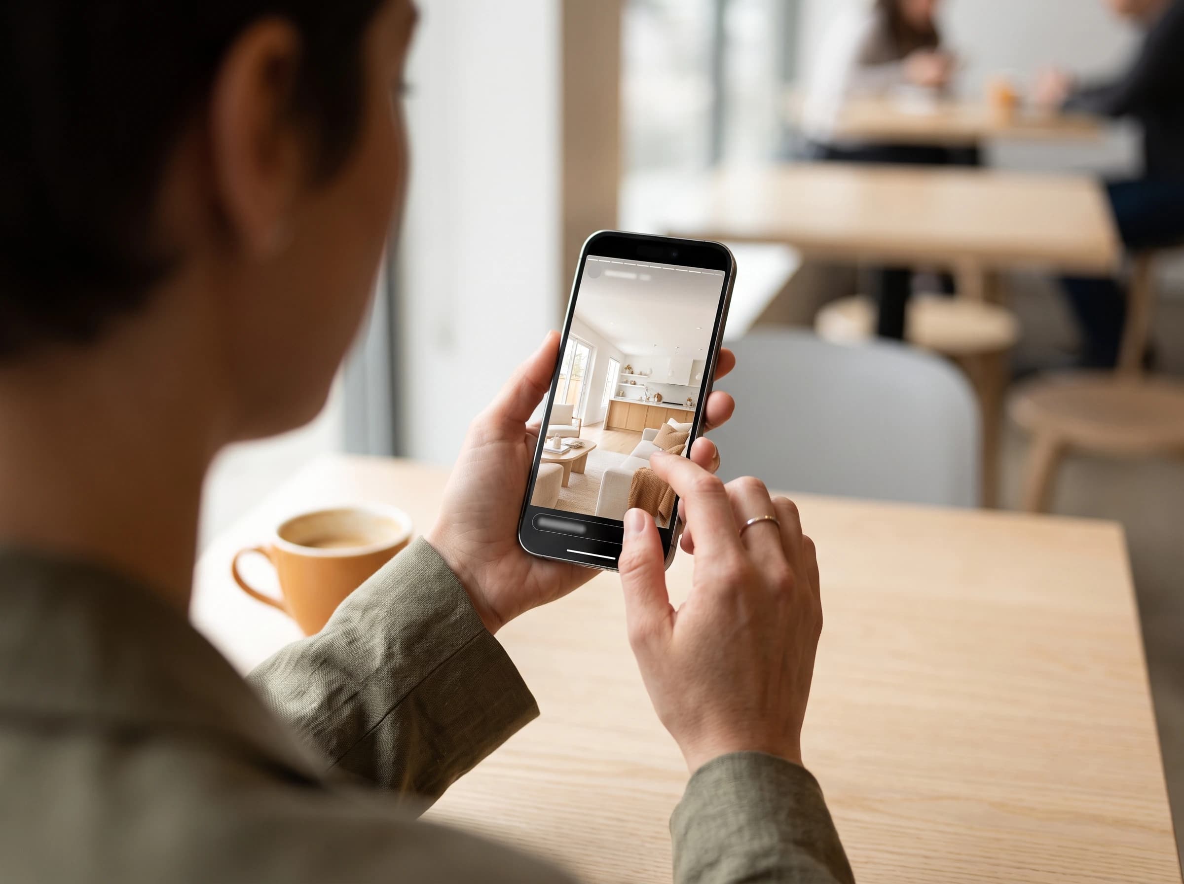A hand holding a phone showing a vertical property video clip